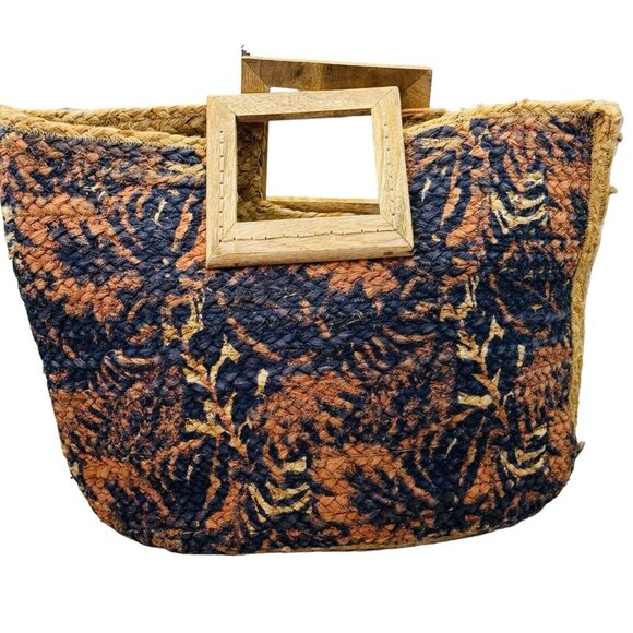 Natural Jute Woven Tote Peach Black 19”x14” Square Wood Handle Shell Tassel - Picture 2 of 16